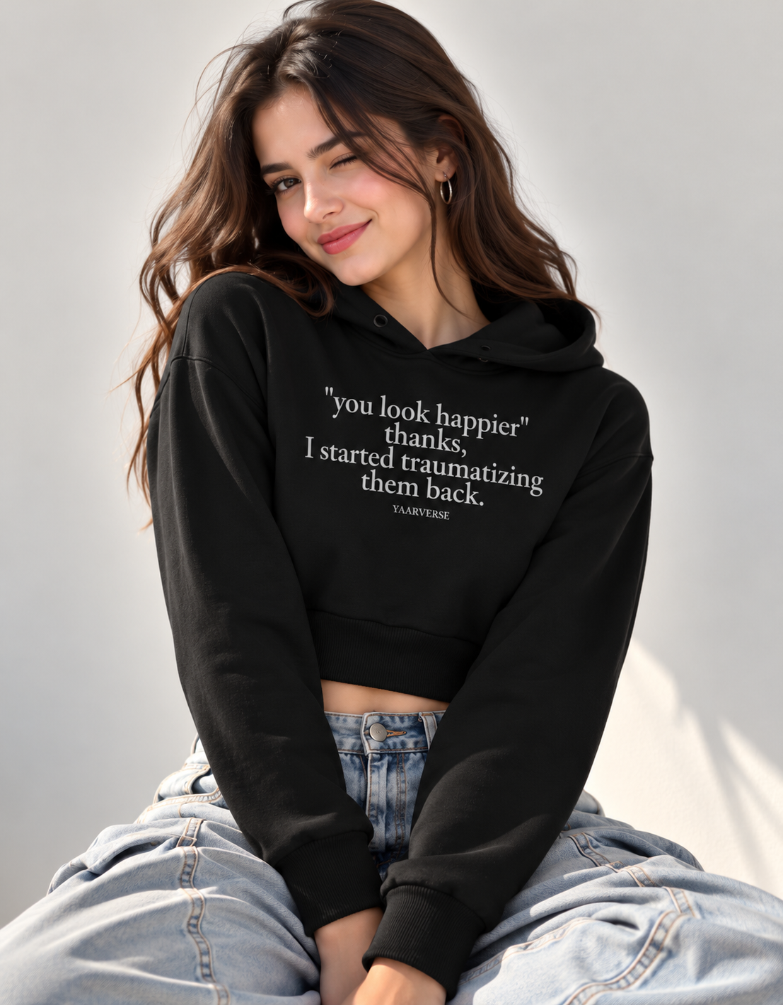 you look happier thanks, i started traumatizing them back | Cropped Hoodie